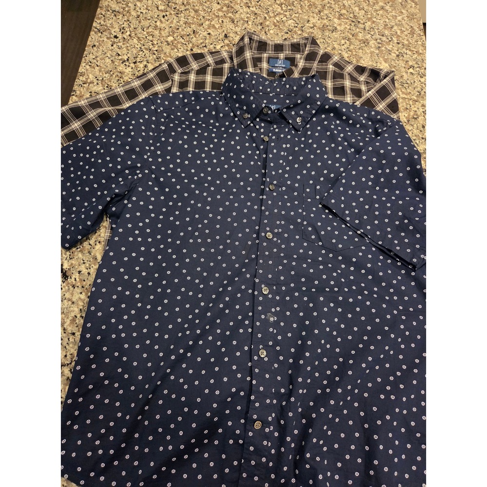 Lot of 2 George Mens Classic Fit Button Down Shirt Navy/Geo Black Plaid LG